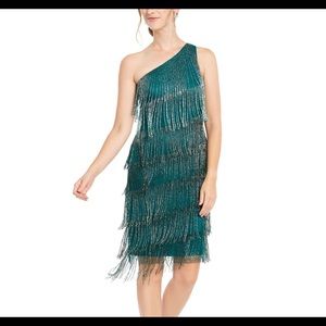 Adrianna Papell Beaded Fringe Green Dress Size 4